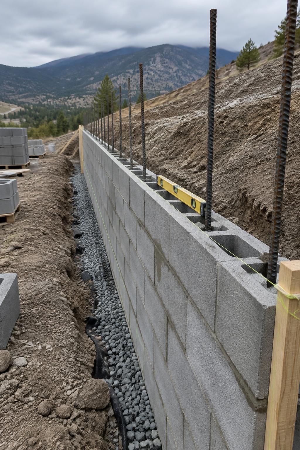 Concrete block retaining wall with rebar and a level during construction — illustrative image