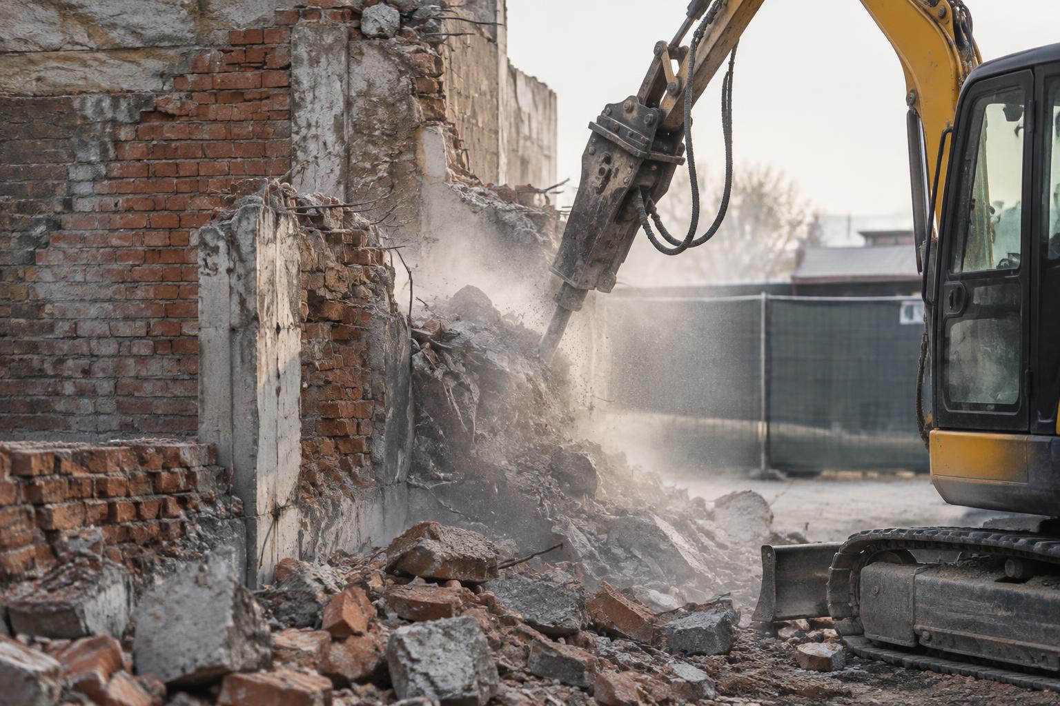 Excavator breaking down an old brick and concrete wall — illustrative image