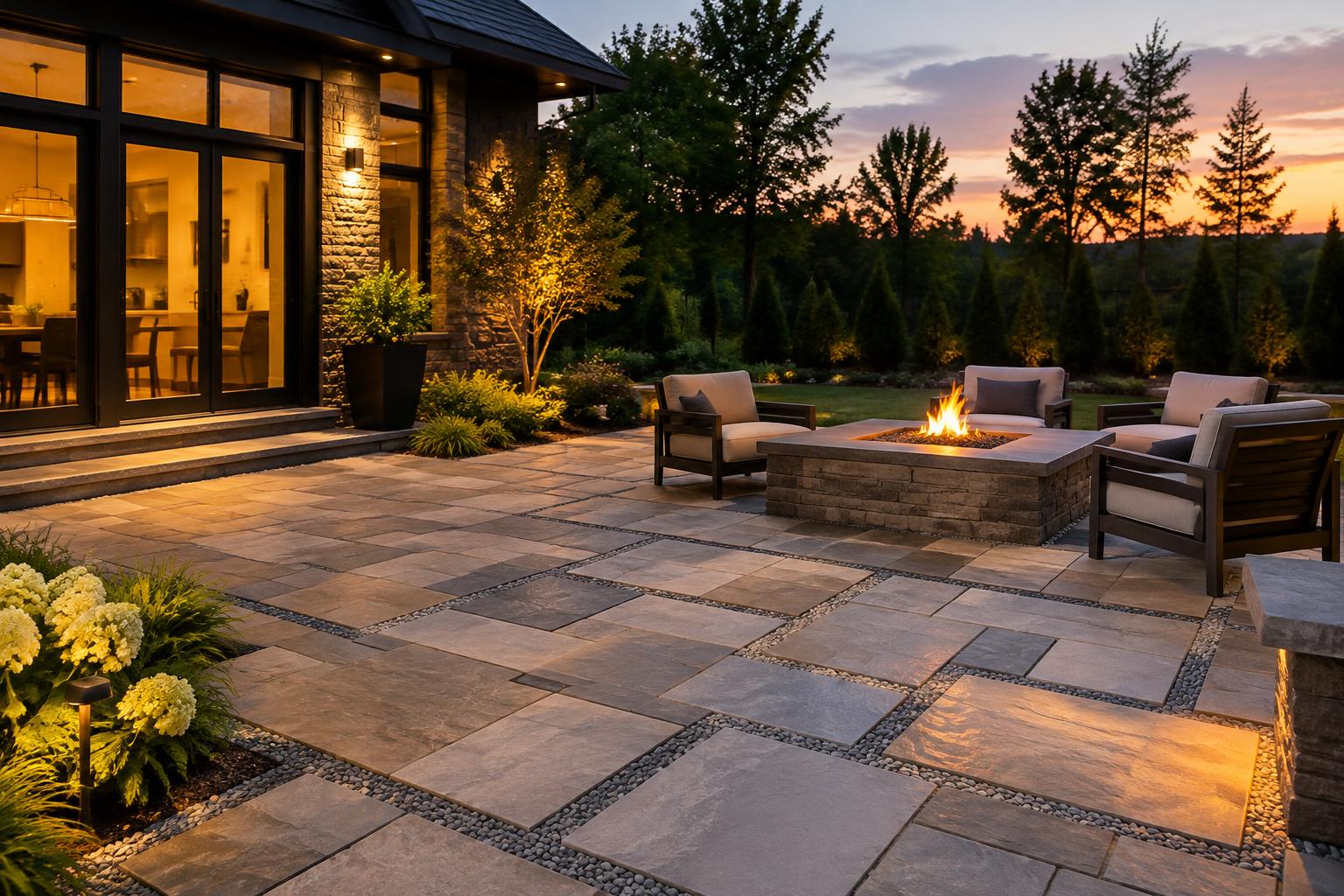 Natural stone paver patio with a fire pit beside a modern home at dusk — illustrative image