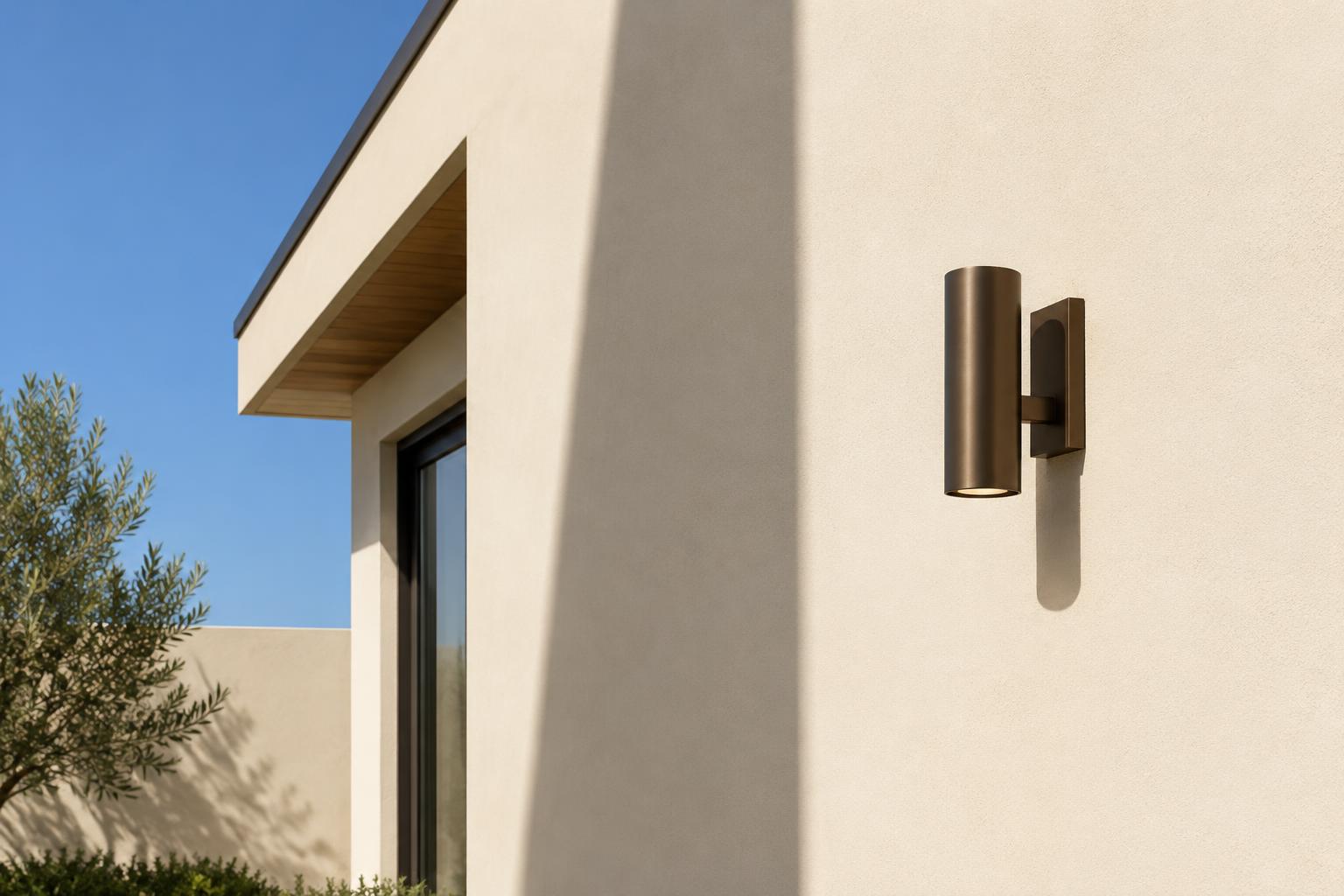 Smooth ivory stucco wall with a bronze wall light — illustrative image