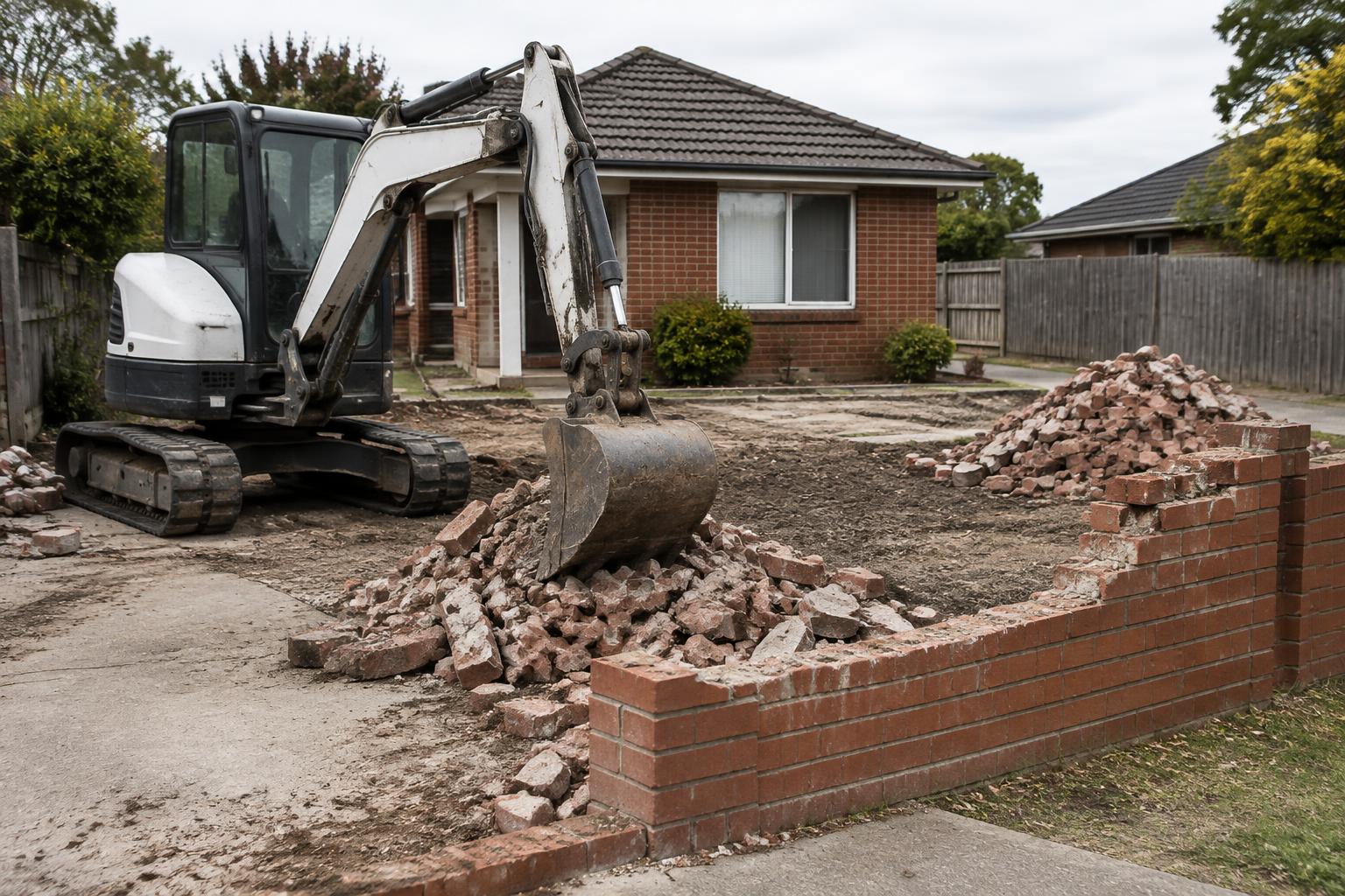 Compact excavator beside a partially removed brick wall · Illustrative Image