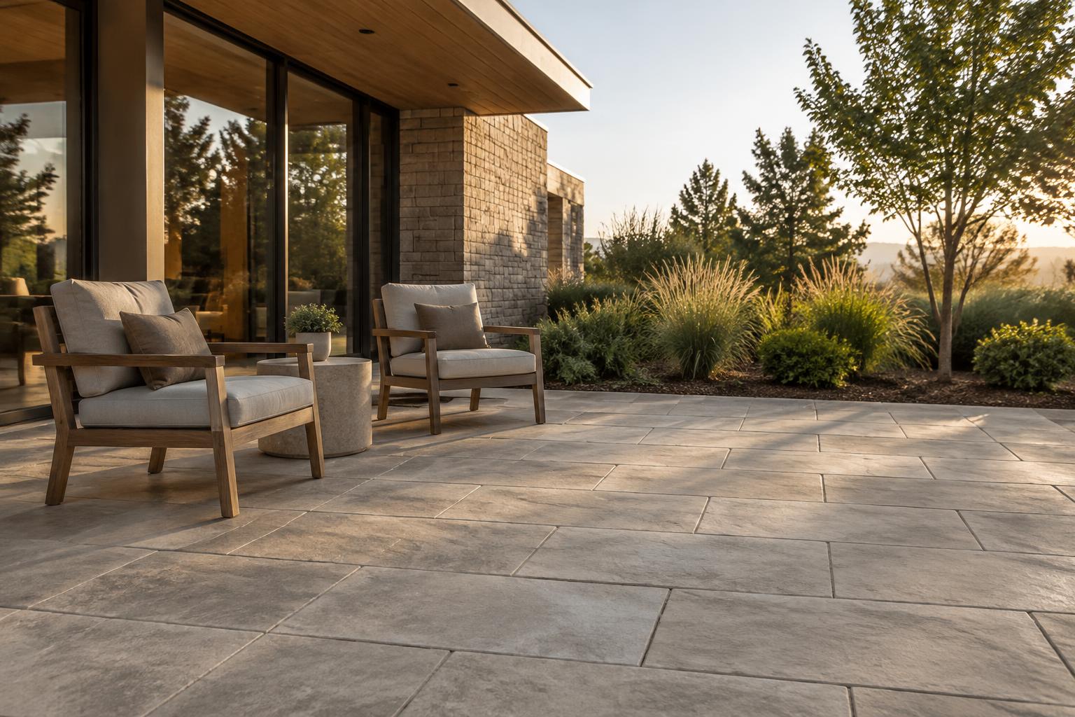 Rectangular concrete paver patio beside a residence · Illustrative Image