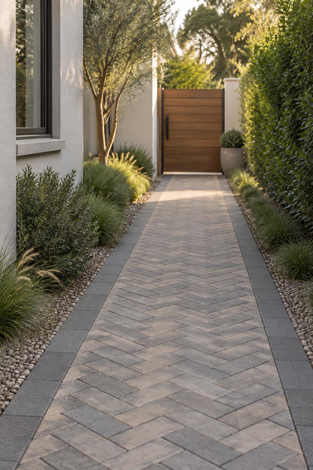 Herringbone paver walkway leading to a timber gate · Illustrative Image