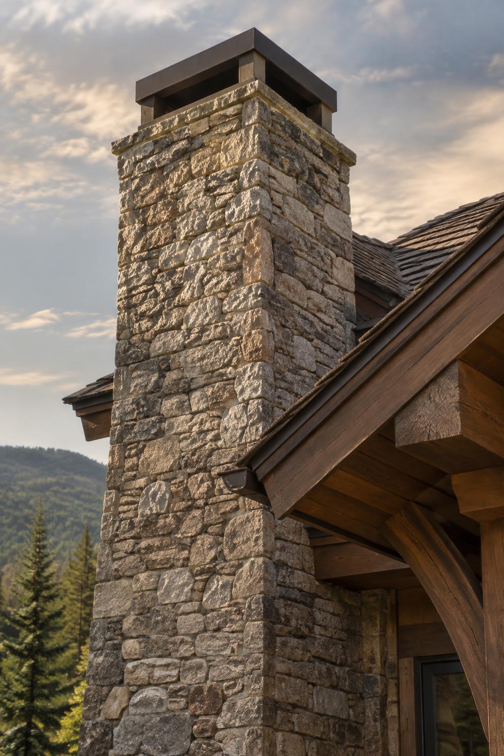 Natural stone chimney beside timber eaves · Illustrative Image
