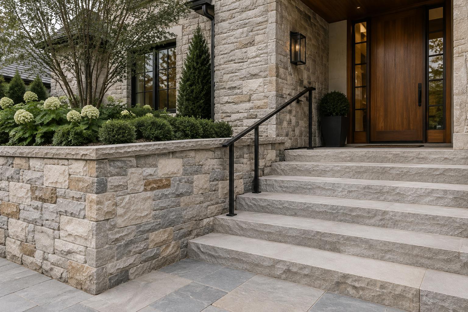 Natural stone entry steps and garden wall · Illustrative Image