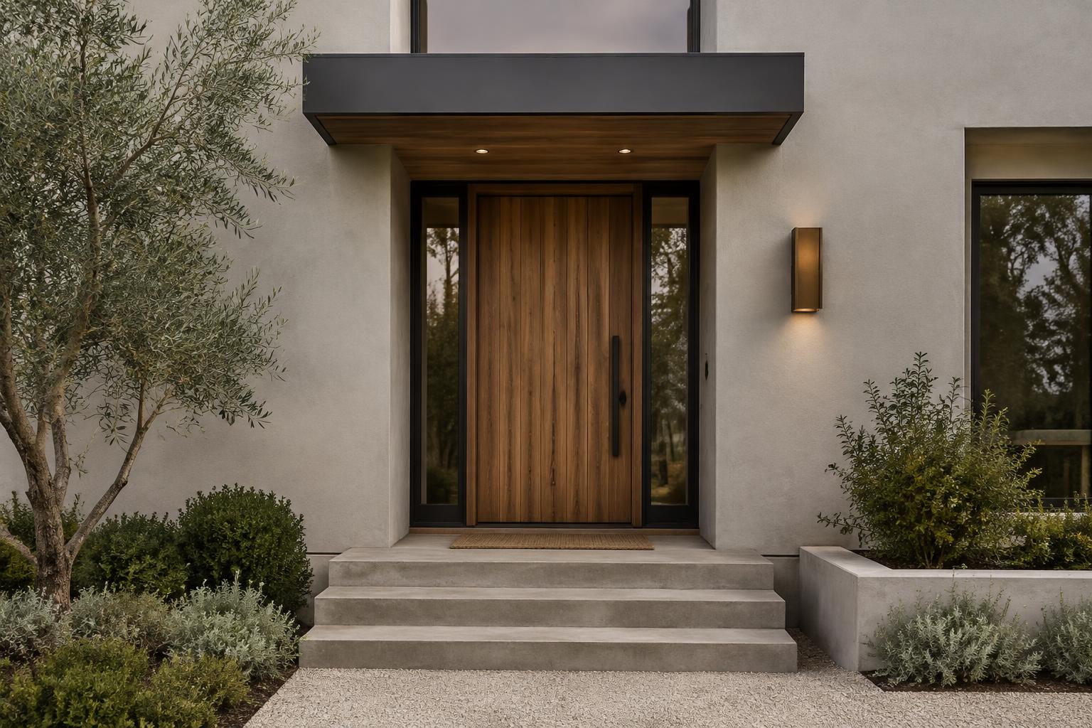 Smooth stucco exterior surrounding a timber entry · Illustrative Image