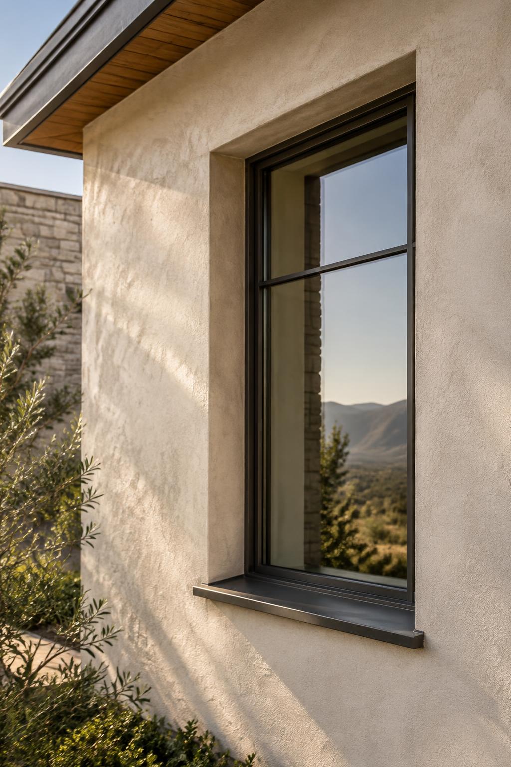 Textured stucco around a bronze-framed window · Illustrative Image